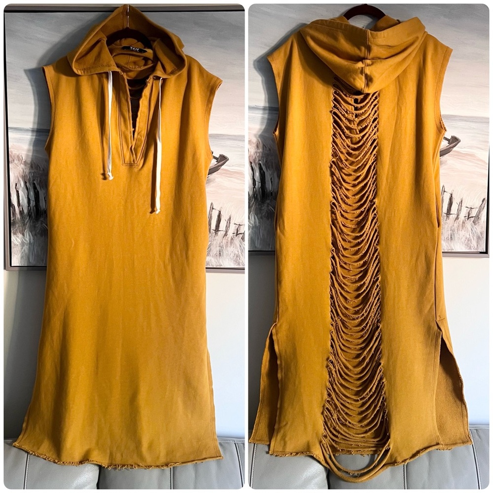 TOV Hoodie Dress Sz M Sweatshirt Short Sleeve Jersey Pockets Distressed Grunge - Picture 12 of 12